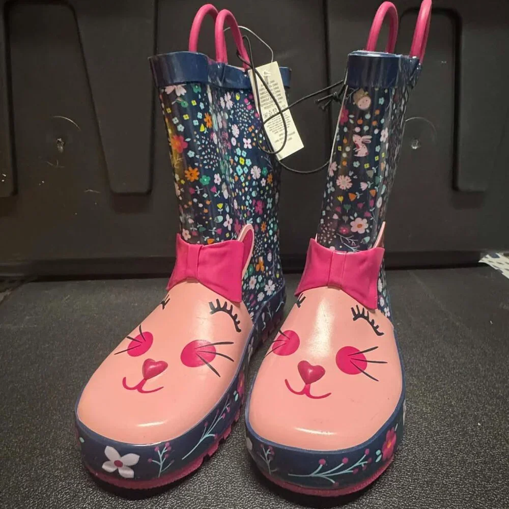 Toddler Bunny Rain Boots Pink Floral Waterproof Rubber Shoes Size 3